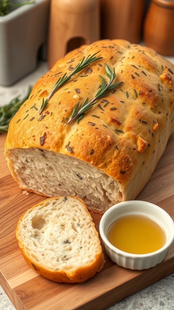 A warm loaf of herb focaccia bread with rosemary and thyme on a wooden board, accompanied by a bowl of olive oil.